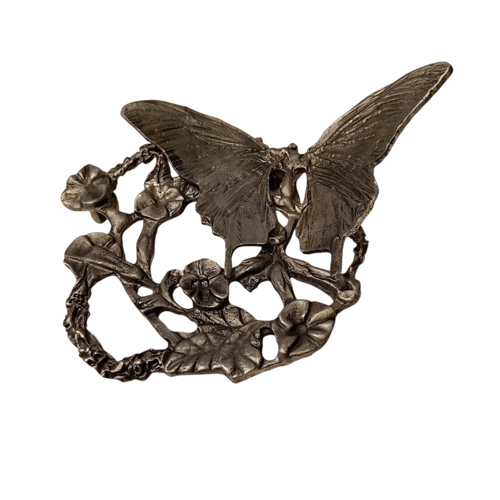 Vintage Pewter‎ Butterfly Floral Candle Topper Trinket Trivet Paperweight